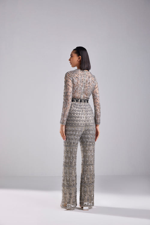 GREY FLORAL & GEOMETRIC COMBINED MIX JUMPSUIT WITH BELT