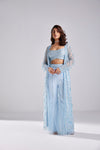 AQUA BLUE JACKET WITH EMBROIDERED BUSTIER AND PANTS
