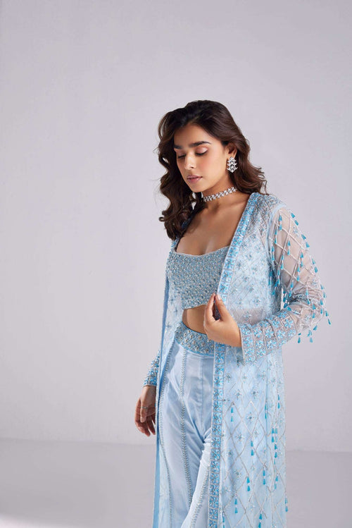 AQUA BLUE JACKET WITH EMBROIDERED BUSTIER AND PANTS