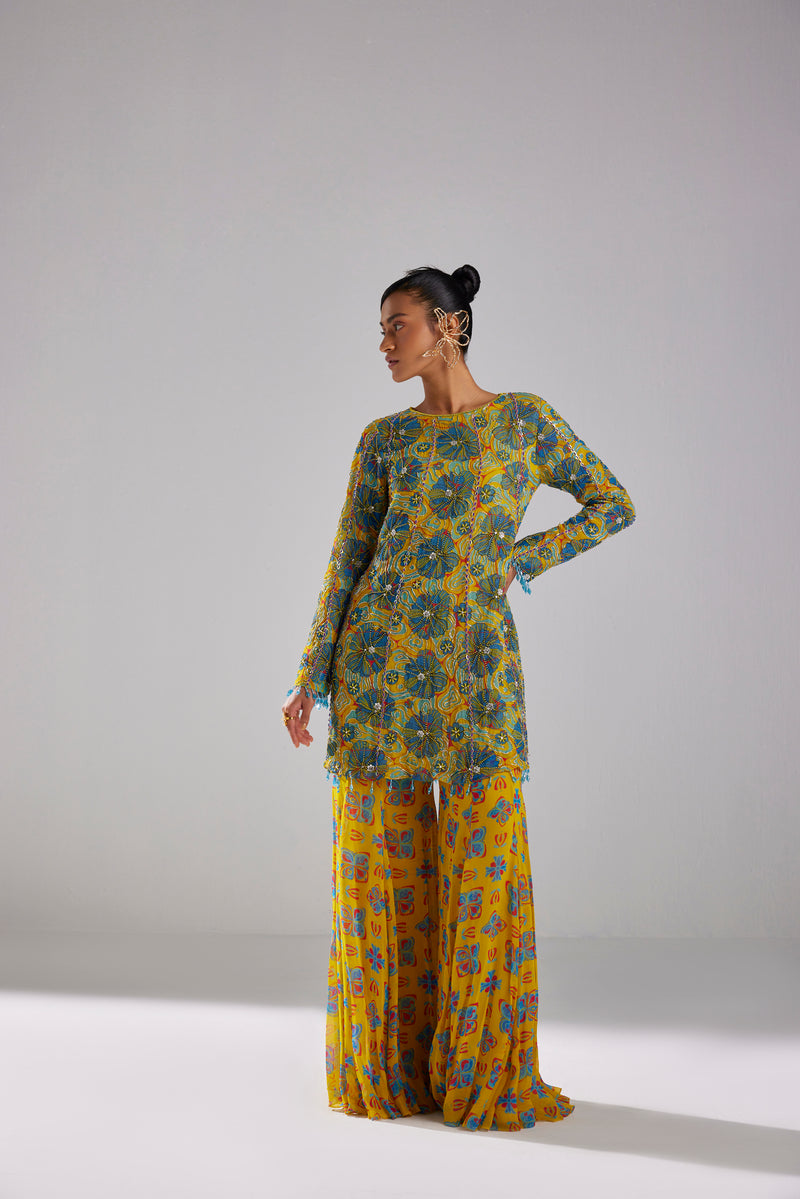 BLUE FLORAL A-LINE KURTI WITH YELLOW BUTTA PRINTED BELL BOTTOM PANTS