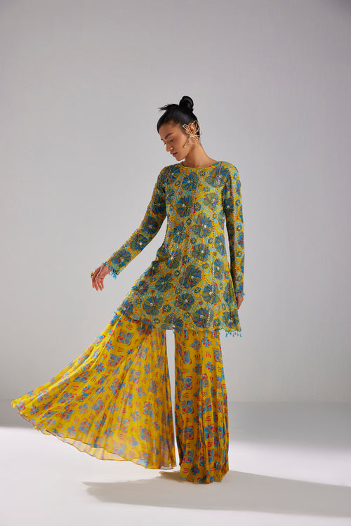 BLUE FLORAL A-LINE KURTI WITH YELLOW BUTTA PRINTED BELL BOTTOM PANTS
