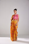 FUSCHIA PINK HIGH NECK CROP TOP AND YELLOW COWL WITH YELLOW  DHOTI SKIRT