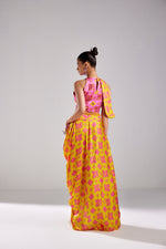 FUSCHIA PINK HIGH NECK CROP TOP AND YELLOW COWL WITH YELLOW  DHOTI SKIRT