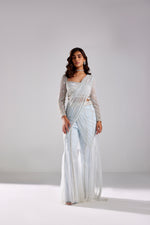 ICE BLUE WITH WHITE & SILVE DRAPE PANTS SAREE