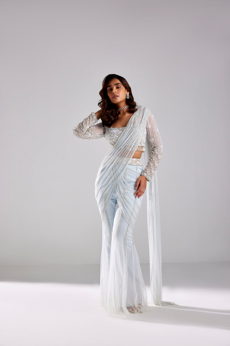 ICE BLUE WITH WHITE & SILVE DRAPE PANTS SAREE