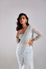 ICE BLUE WITH WHITE & SILVE DRAPE PANTS SAREE