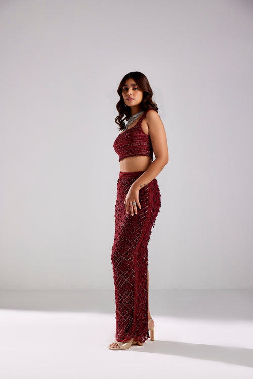 MARSALA RED FLORAL EMBROIDERED TASSEL DETAILED BLOUSE WITH HEAVILY EMBELLISHED TASSEL DETAILED PENCIL SKIRT WITH TASSEL DETAILED DUPATTA