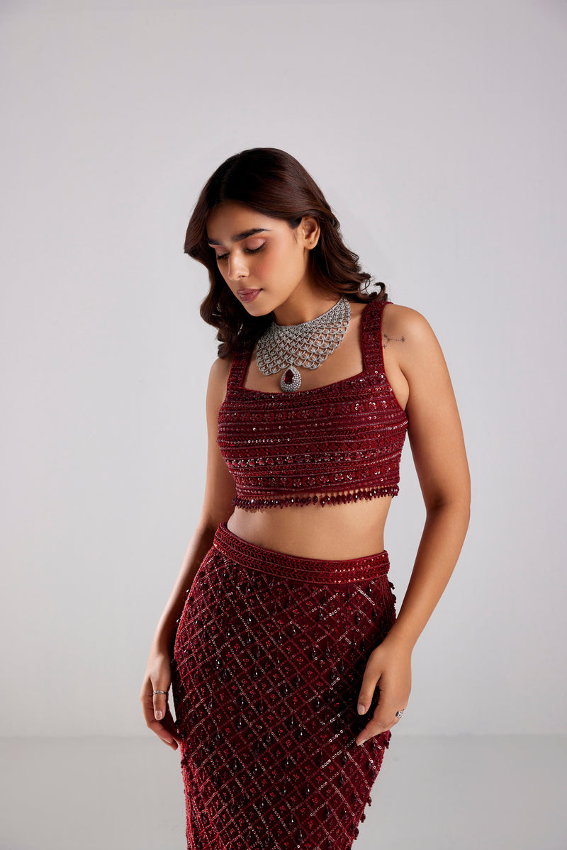 CRIMSON RED SCALLOP WITH PANTS SAREE