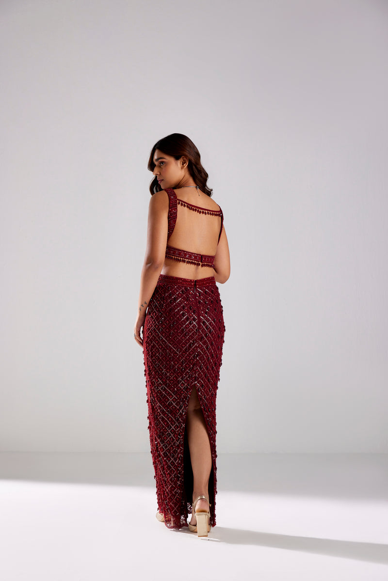 CRIMSON RED SCALLOP WITH PANTS SAREE