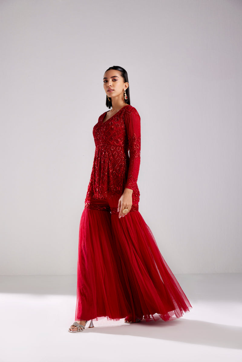 CRIMSON RED DIAMOND PEPLUM WITH GHARARA PANTS