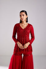 CRIMSON RED DIAMOND PEPLUM WITH GHARARA PANTS