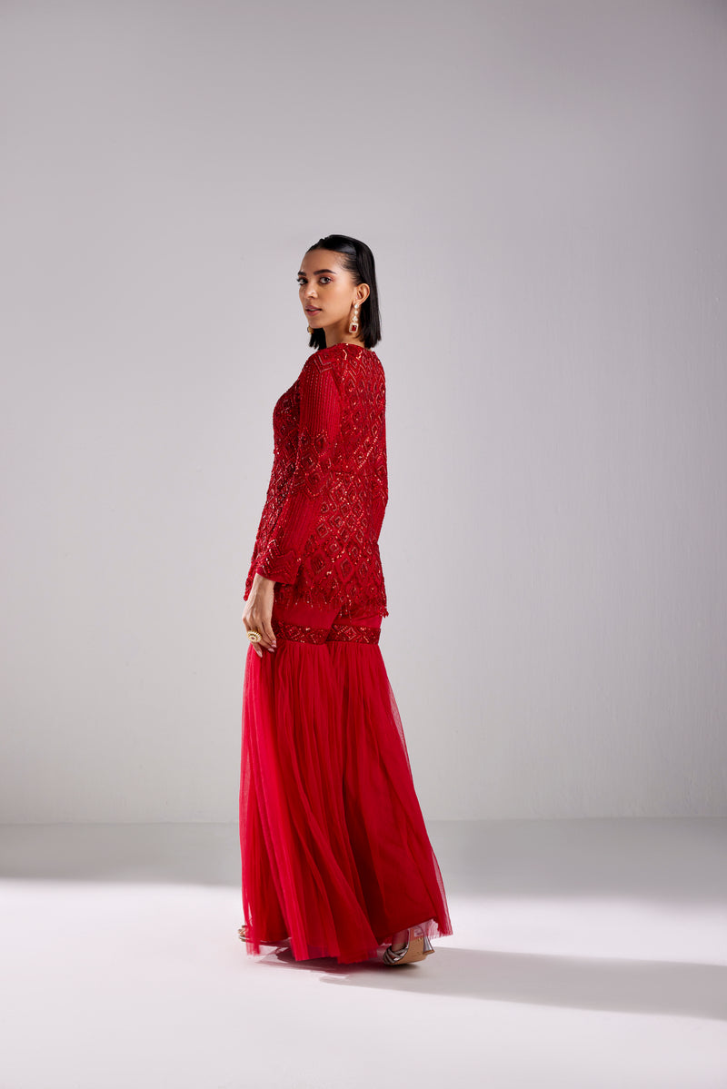 CRIMSON RED DIAMOND PEPLUM WITH GHARARA PANTS