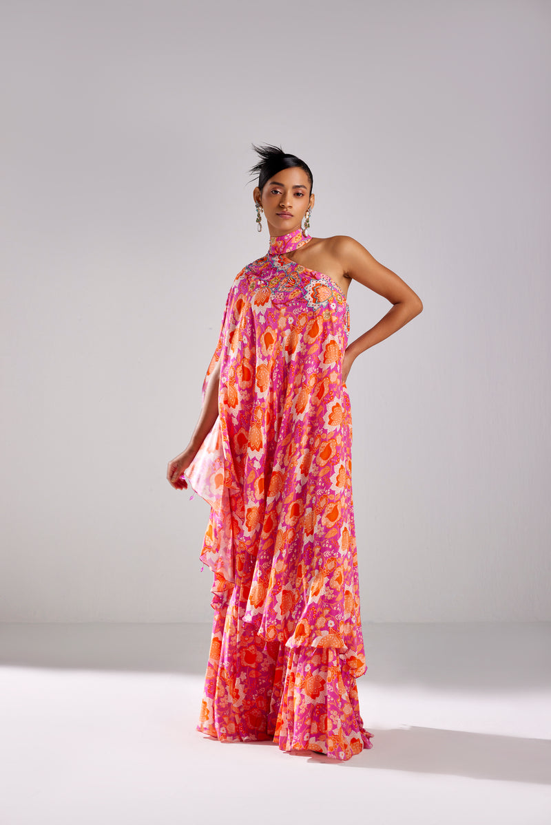 FUSCHIA PINK KAFTAN WITH PRINTED BUSTIER AND PRINTED FLARED SHARARA PANTS