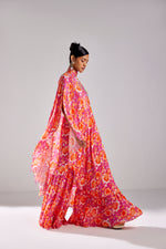 FUSCHIA PINK KAFTAN WITH PRINTED BUSTIER AND PRINTED FLARED SHARARA PANTS