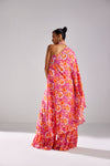 FUSCHIA PINK KAFTAN WITH PRINTED BUSTIER AND PRINTED FLARED SHARARA PANTS