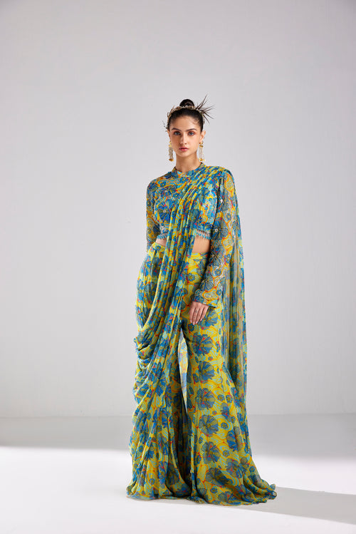 BLUE FLORAL DETAILED BLOUSE WITH PANTS SAREE