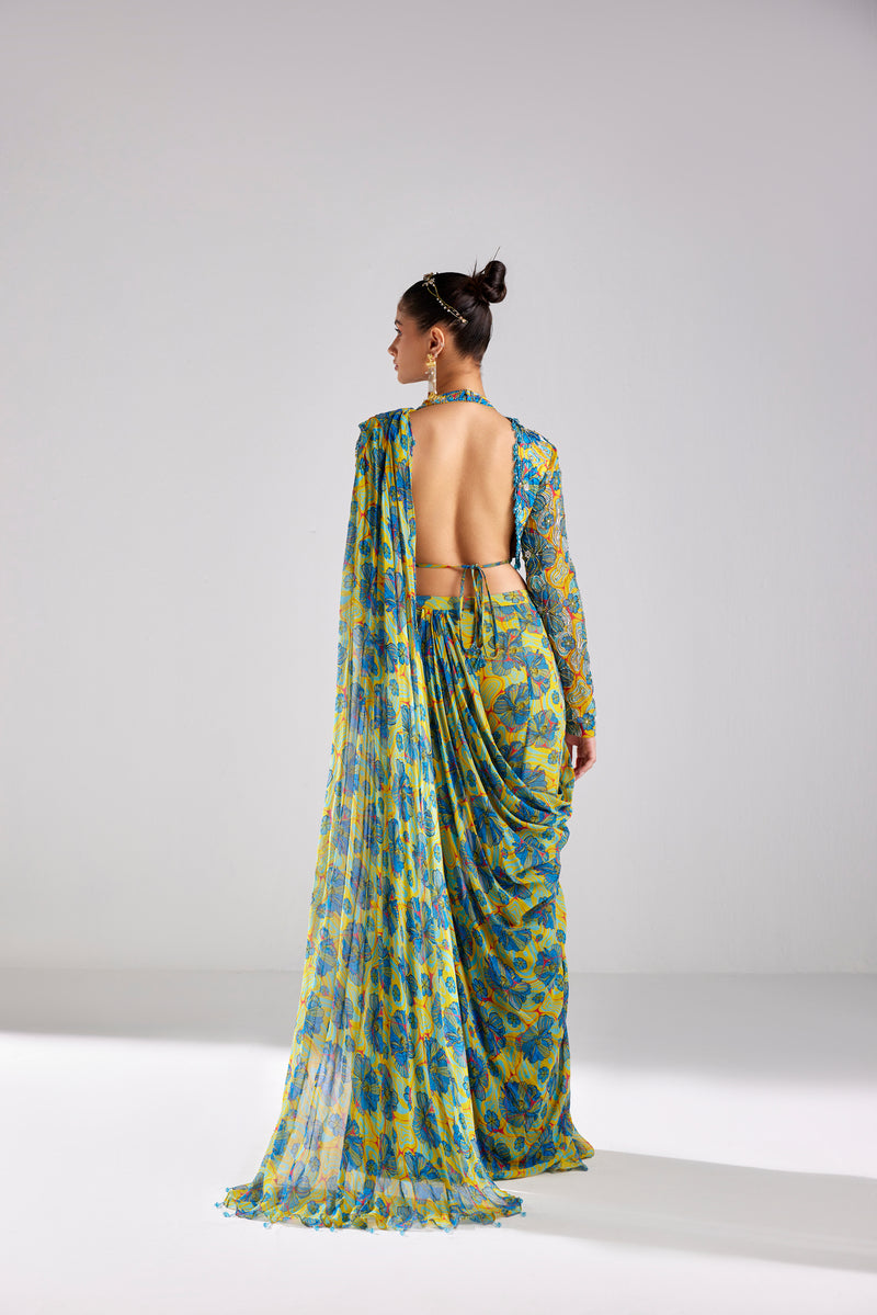 BLUE FLORAL DETAILED BLOUSE WITH PANTS SAREE