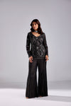 BLACK WITH GUN-METAL SPIRAL EMBROIDERED JACKET WITH EMBROIDERED PANTS