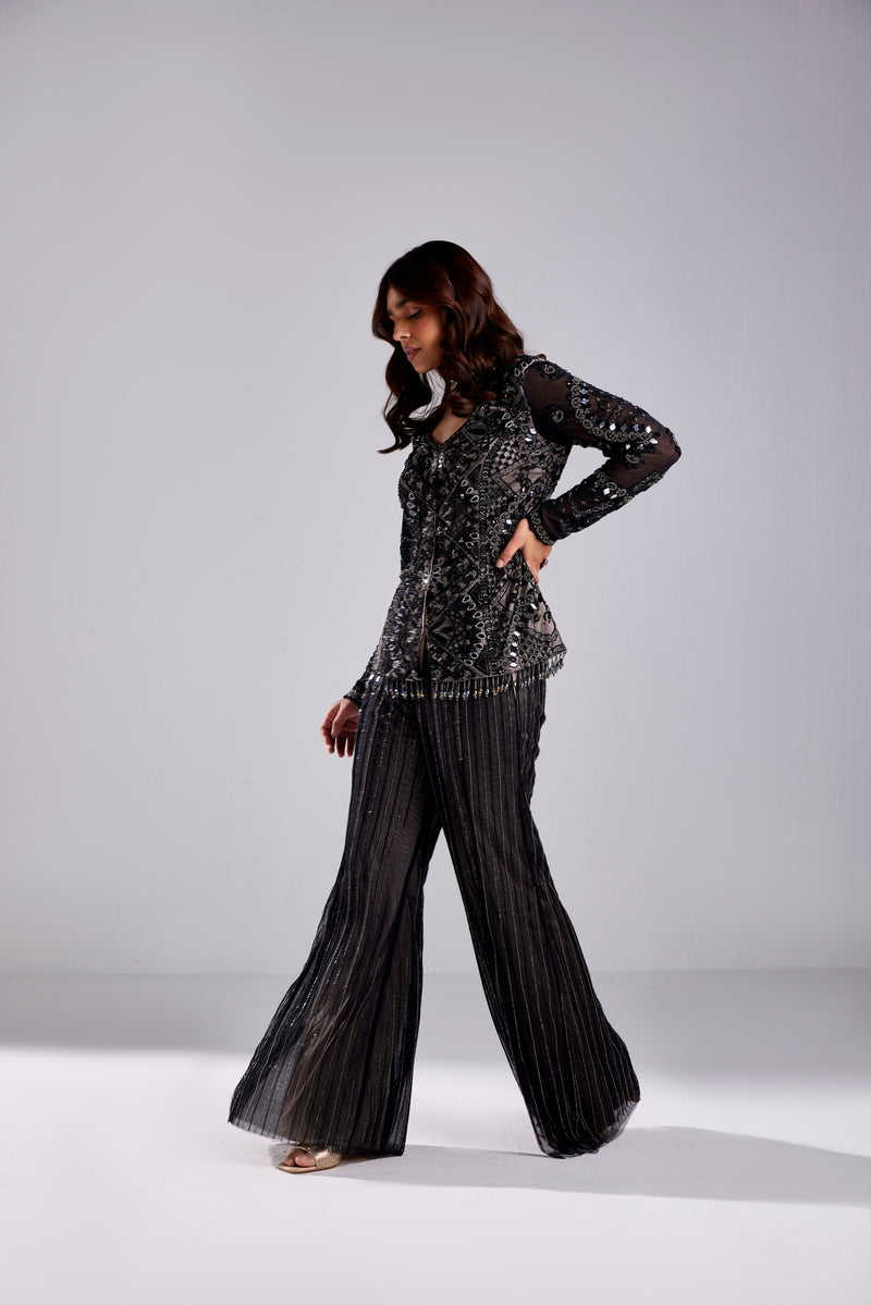 BLACK WITH GUN-METAL SPIRAL EMBROIDERED JACKET WITH EMBROIDERED PANTS