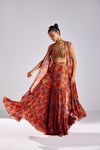 RUST STRIPE PRINT GHARARA PANTS AND SHORT-LONG CAPE