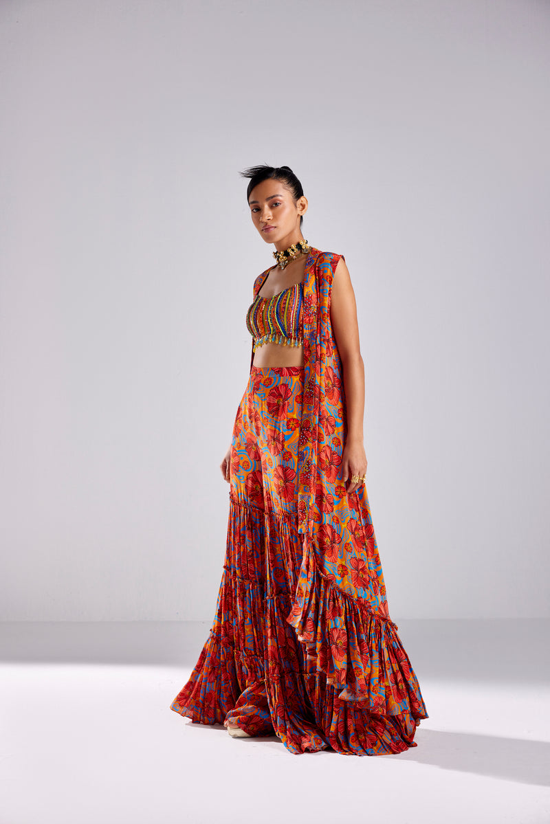 RUST STRIPE PRINT GHARARA PANTS AND SHORT-LONG CAPE