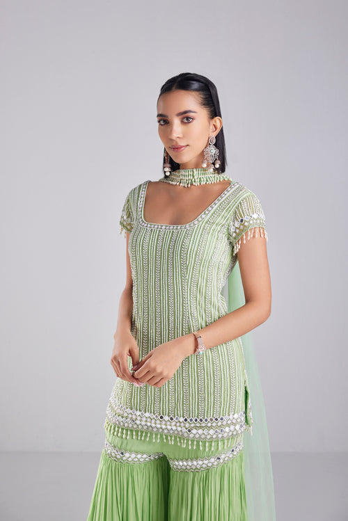 MINT GREEN WHITE GHARARA PANTS AND CHOKAR STYLE DUPATTA