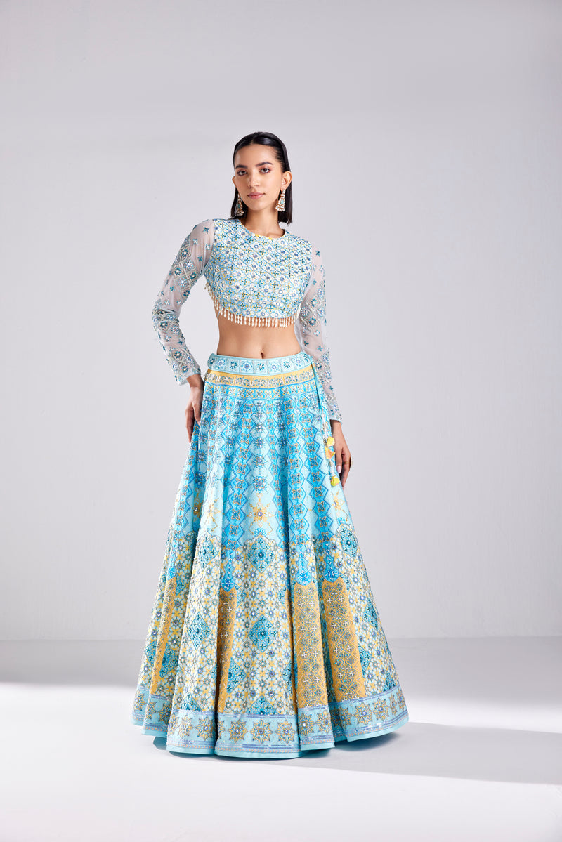 POWDER BLUE TILE PRINT LEHENGA