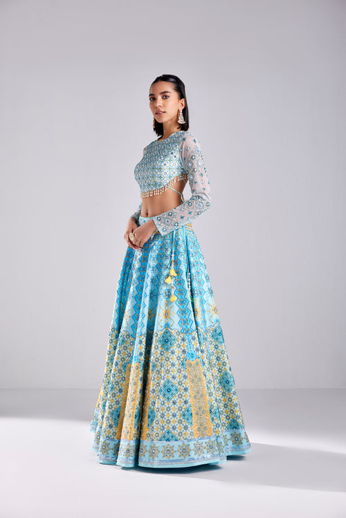 POWDER BLUE TILE PRINT LEHENGA