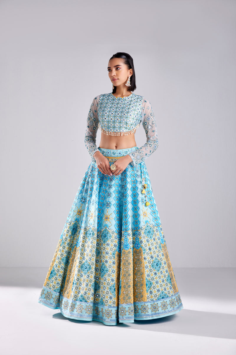 POWDER BLUE TILE PRINT LEHENGA