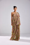 NEON GREEN FLORAL WAVE JAAL PRINT SHLOUDER PEPLUM WITH PANTS RUFFLE SAREE