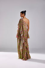 NEON GREEN FLORAL WAVE JAAL PRINT SHLOUDER PEPLUM WITH PANTS RUFFLE SAREE