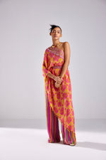 PINK FLORAL WAVE PRINT & EMBROIDERED ONE SHOULDER KAFTAN WITH BUSTIER AND PINK BELT