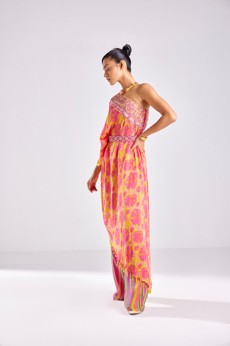 PINK FLORAL WAVE PRINT & EMBROIDERED ONE SHOULDER KAFTAN WITH BUSTIER AND PINK BELT