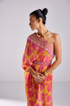 PINK FLORAL WAVE PRINT & EMBROIDERED ONE SHOULDER KAFTAN WITH BUSTIER AND PINK BELT