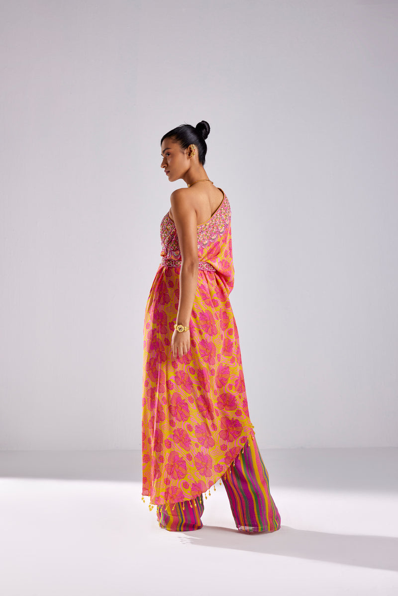 PINK FLORAL WAVE PRINT & EMBROIDERED ONE SHOULDER KAFTAN WITH BUSTIER AND PINK BELT