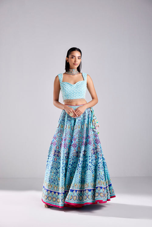 TIFFANY BLUE PEARL EMBROIDERED LEHENGA