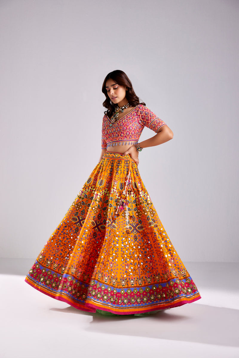 FUSCHIA PINK GEOMETRIC & FLORAL MIX EMBROIDERED LEHENGA