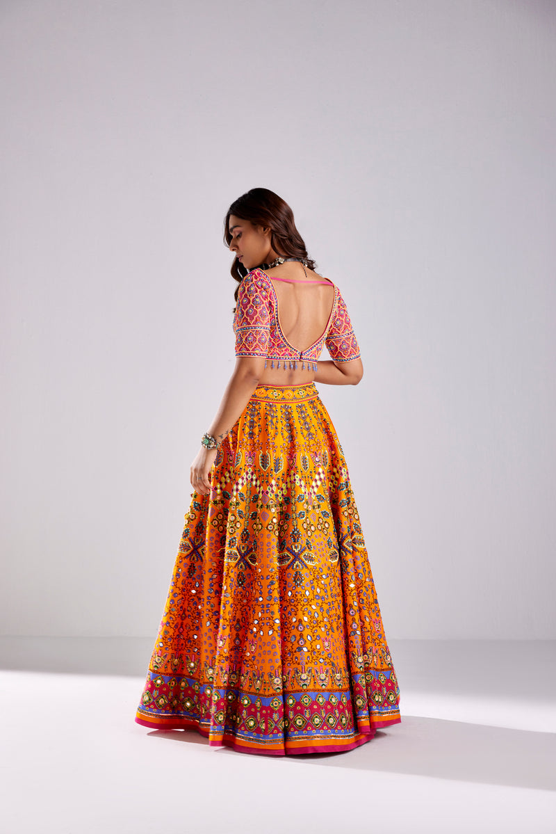 FUSCHIA PINK GEOMETRIC & FLORAL MIX EMBROIDERED LEHENGA