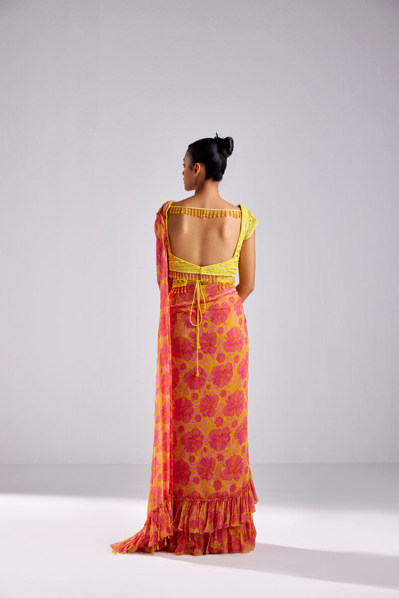 YELLOW WAVE SAREE AND BELT