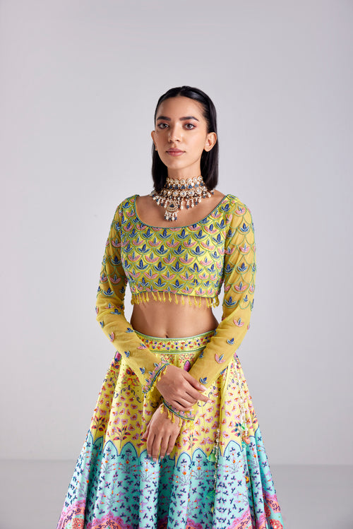 PASTEL YELLOW FLORAL EMBROIDERED LEHENGA