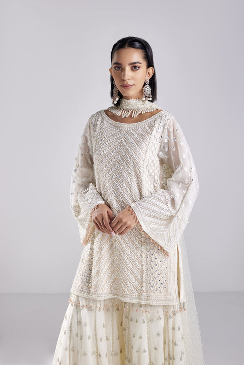 IVORY MIX MATEIRAL CHEVRON EMBROIRDERED KURTI