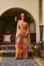 PEACH FLORAL BLOUSE WITH PANTS AND CAPE SET