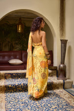 YELLOW FLORAL EMBROIDERY HIGHLIGHT SAREE SET