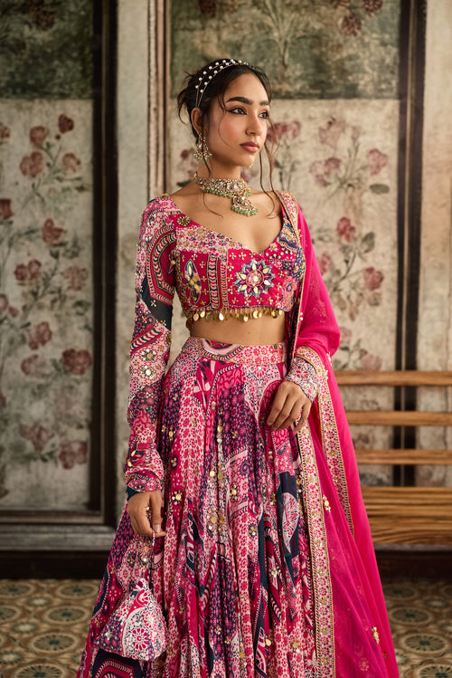 Fuschia Print And Highlighted Angrakha Blouse Lehenga Set