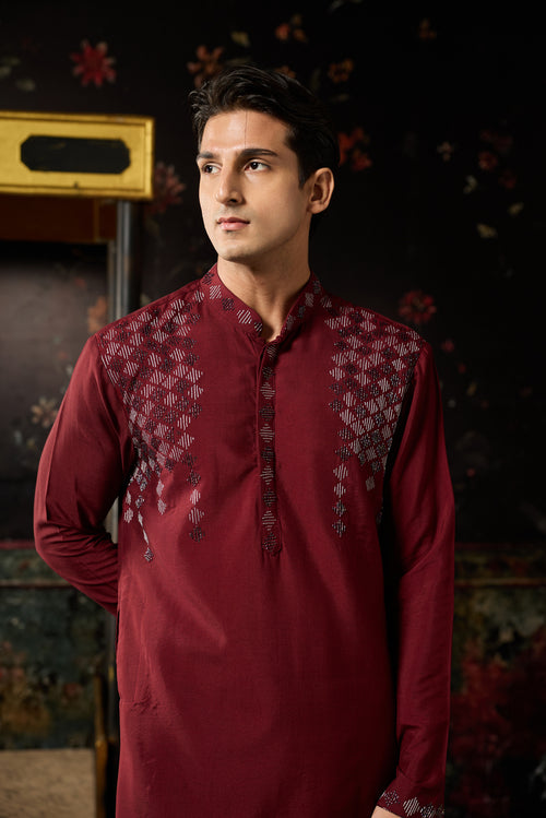 Maroon Embroidered Kurta & Pants