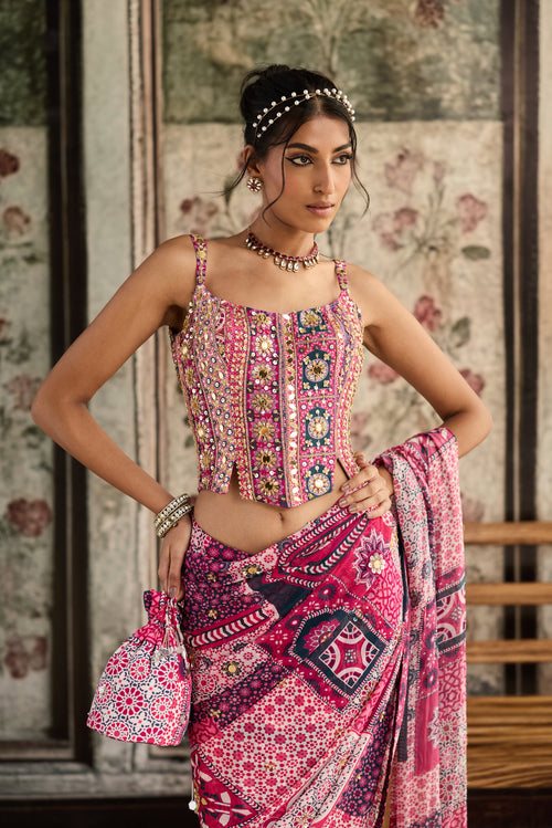 Fuschia Print And Highlighted Corset Blouse Paired With Pre-Draped Classic Saree Set