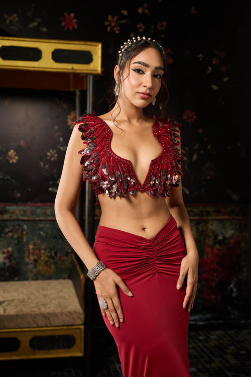Deep Red Cutwork Blouse With Draped Skirt Set