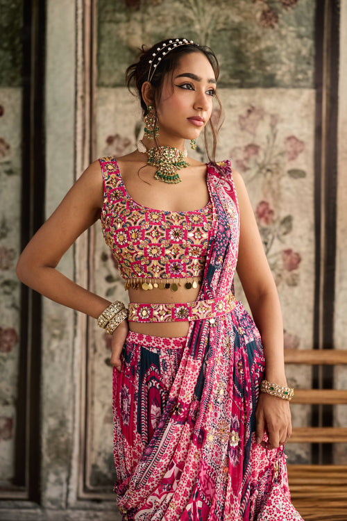Fuschia Print And Highlighted Square Neck Blouse With Tiered Saree Set