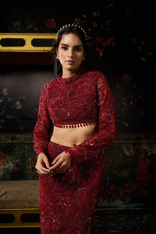 Maroon Embellished Trail Skirt Set