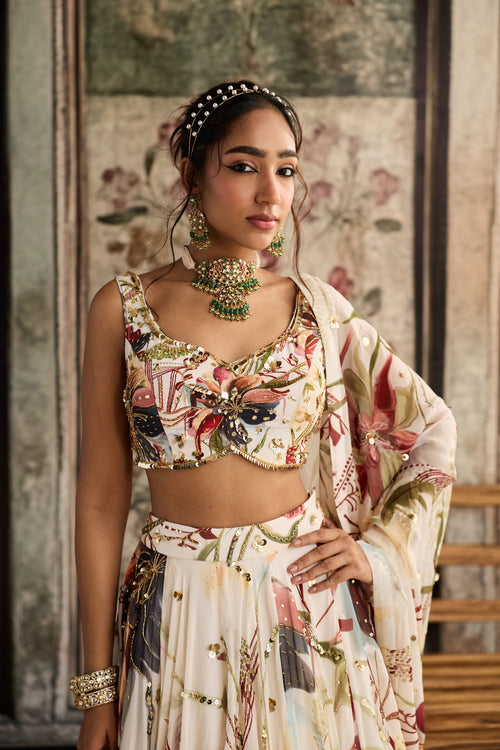 Ivory Floral Print And Highlighted Lehenga Set